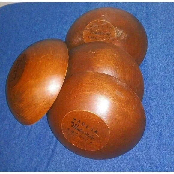 Set of 4 wood bowls VTG WOODCRAFTERY MADE IN AMERICA ovoid RUSTIC FARMHOUSE - Picture 1 of 12